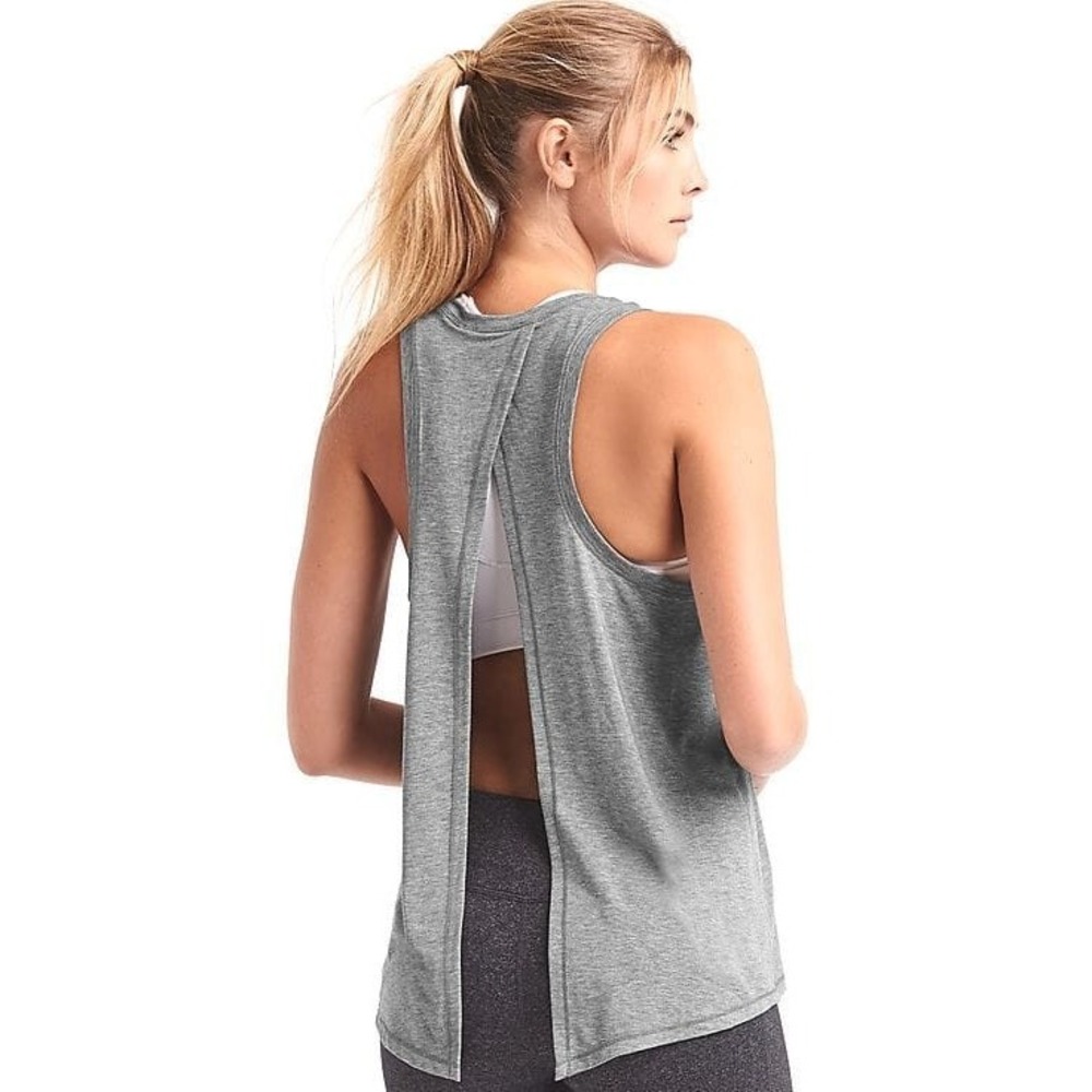 GapFit Breathe Open Split Tie Back Tank Top Heather Gray Workout Gym Yoga Sz